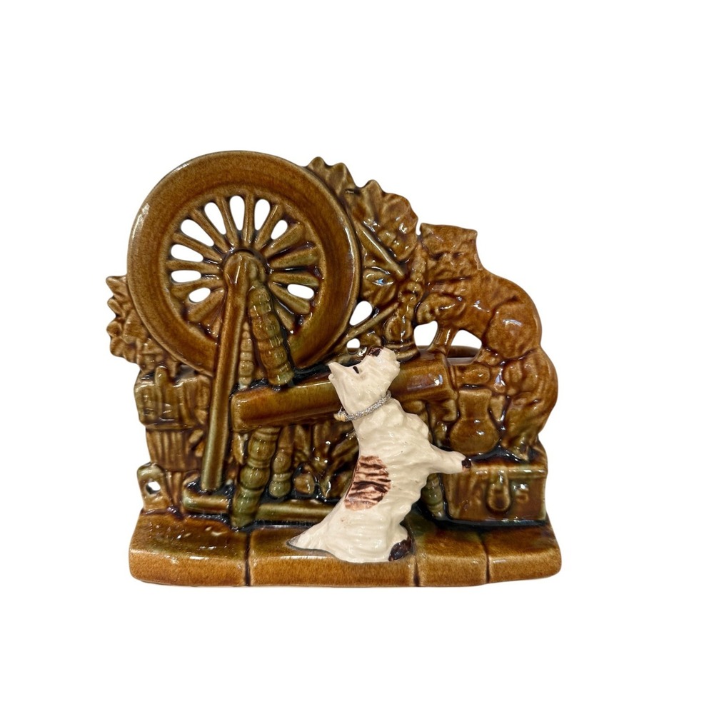 Vintage McCoy Planter Pottery Spinning Wheel Scottie Dog Cat Brown Green